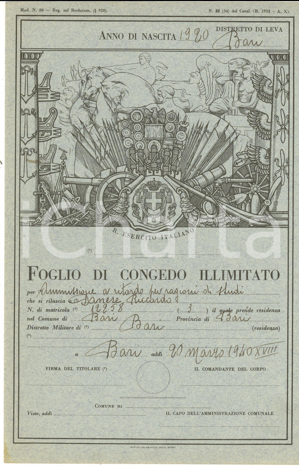 Documento originale, autentico 1940 WW2 BARI Foglio congedo illimitato per Riccardo DANESE studente 1