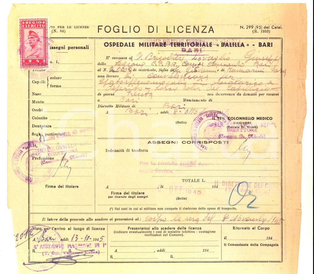 Documento originale, autentico Ottobre 1945 BARI Ospedale Militare BALILLA Foglio di licenza Giuseppe LOVREGLIO 1
