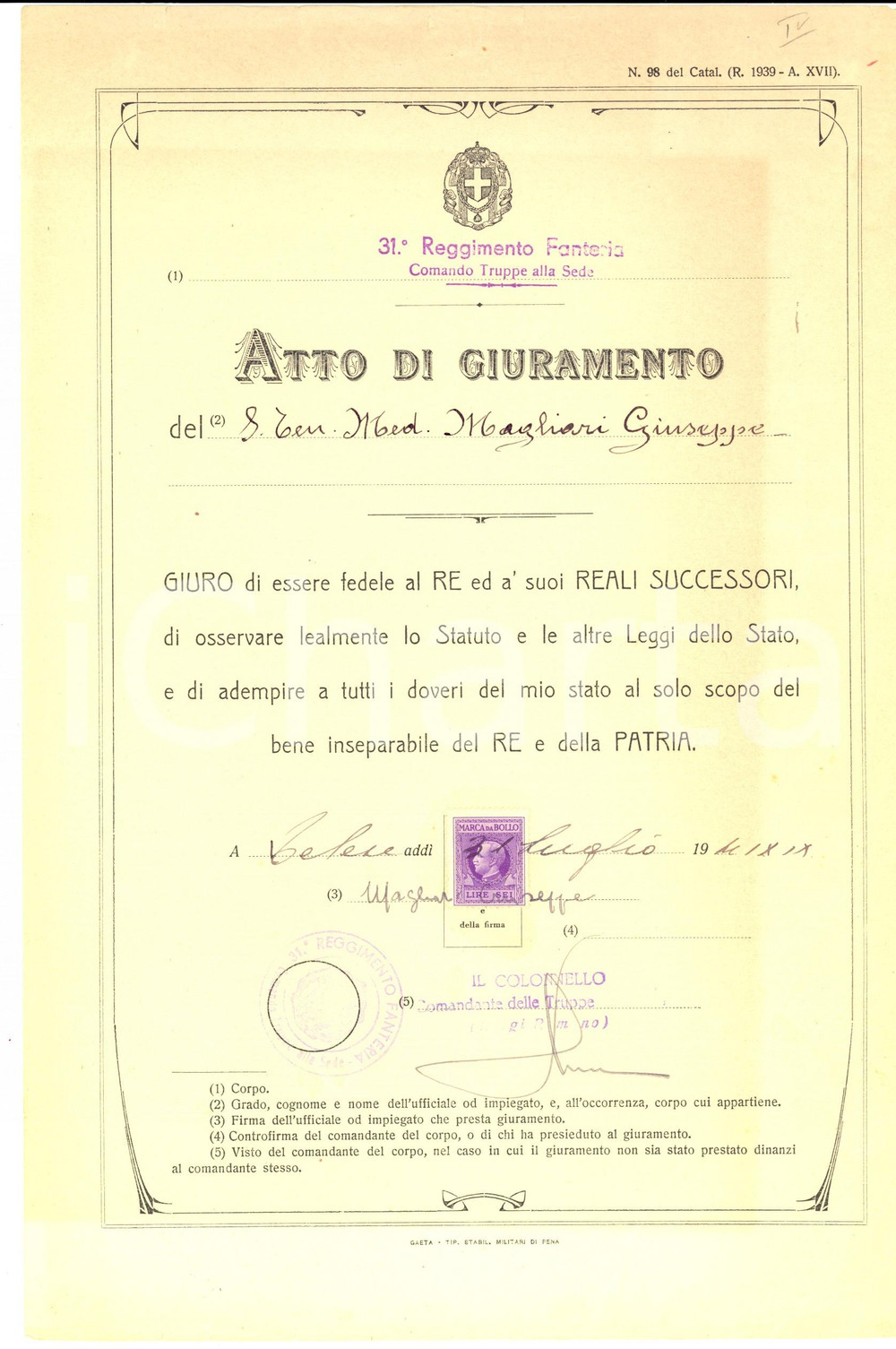Documento originale, autentico 1941 WW2 TELESE BN Giuramento di fedeltÃ  al Re s. ten. Giuseppe MAGLIARI 1