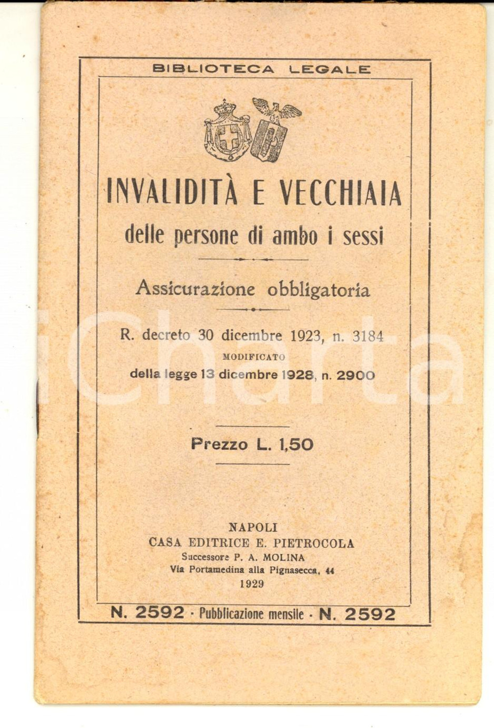 Documento originale, autentico 1929 BIBLIOTECA LEGALE InvaliditÃ  e vecchiaia  Assicurazione obbligatoria 1