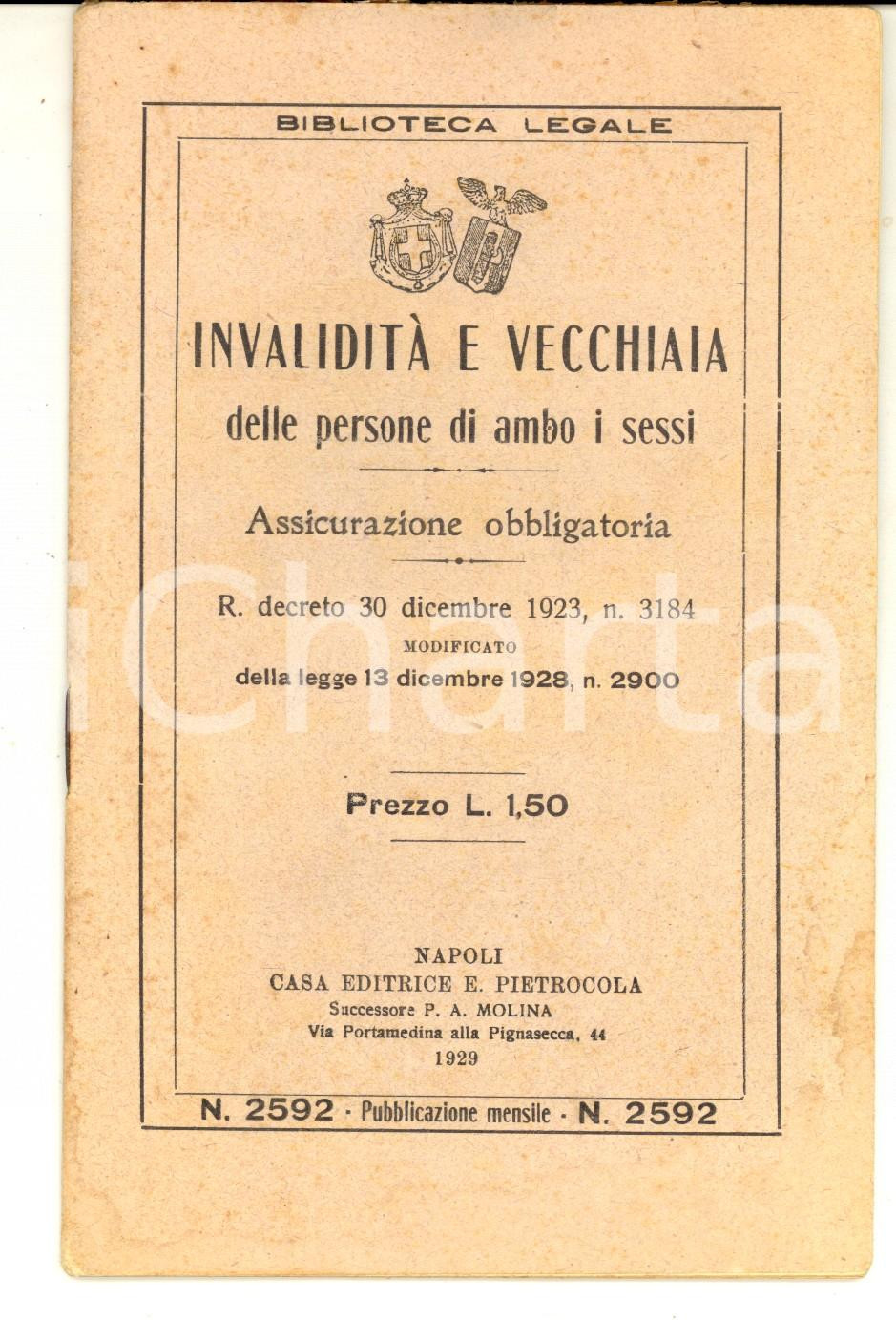 Documento originale, autentico 1929 BIBLIOTECA LEGALE InvaliditÃ  e vecchiaia  Assicurazione obbligatoria 1