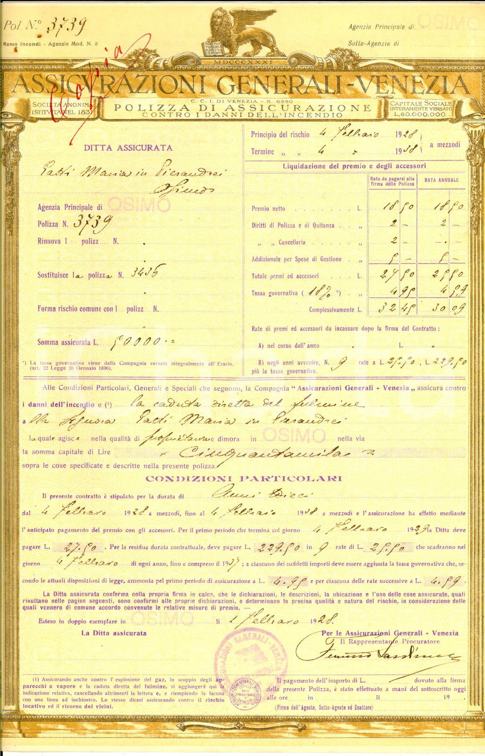 Documento originale, autentico 1928  OSIMO ASSICURAZIONI GENERALI VENEZIA Polizza Maria GATTI PIERANDREI 1