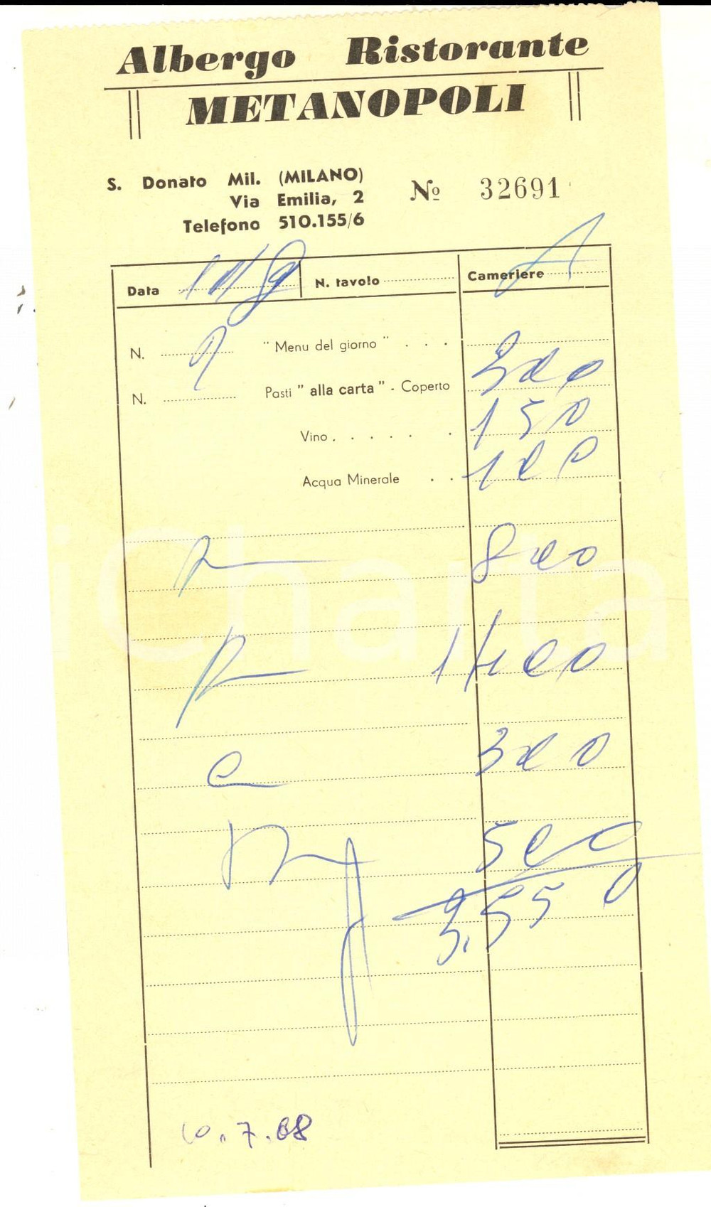 Materiale pubblicitario d’epoca 1968 SAN DONATO MILANESE Albergo ristorante METANOPOLI Ricevuta 1