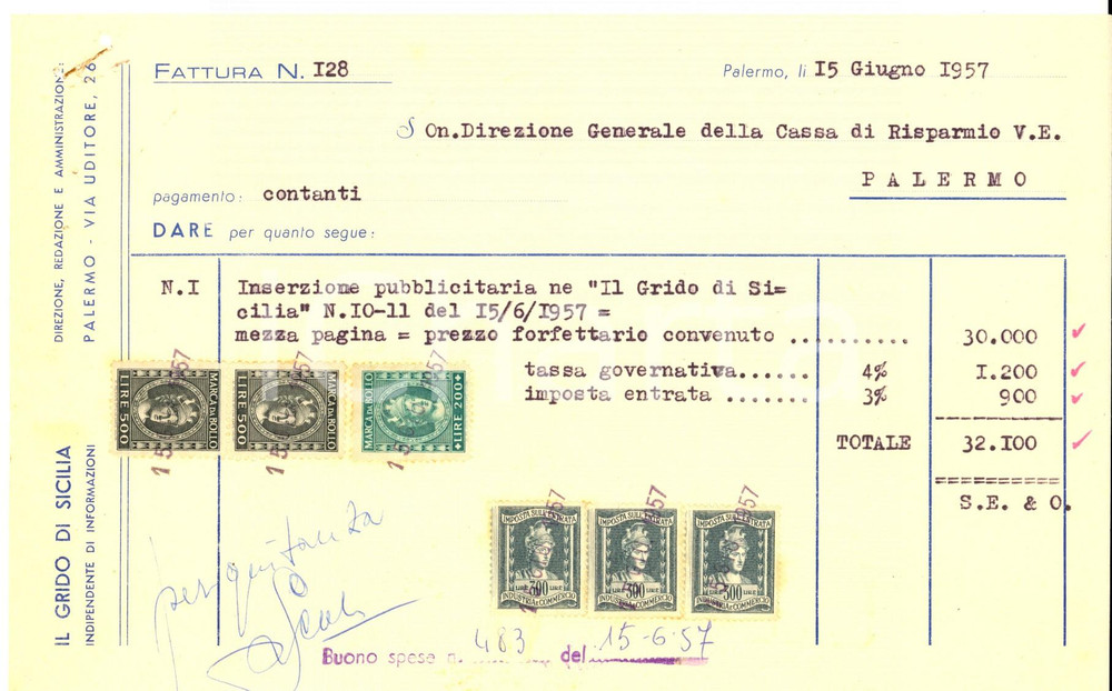 Documento originale, autentico 1957 PALERMO IL GRIDO DI SICILIA  Fattura con bolli per annuncio pubblicitario 1