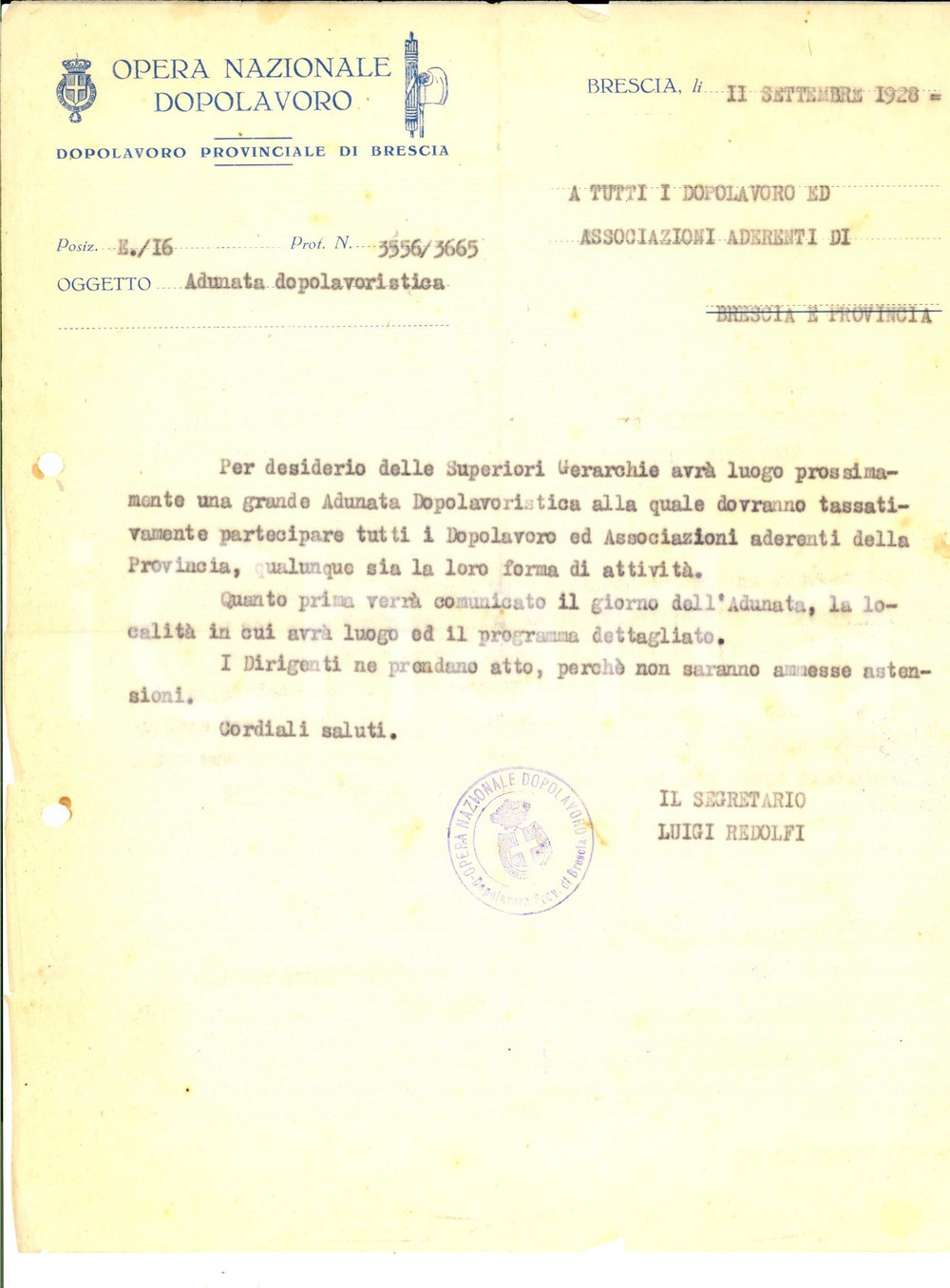 Documento originale, autentico 1928 OND Provinciale BRESCIA Lettera per grande adunata dopolavoristica 1