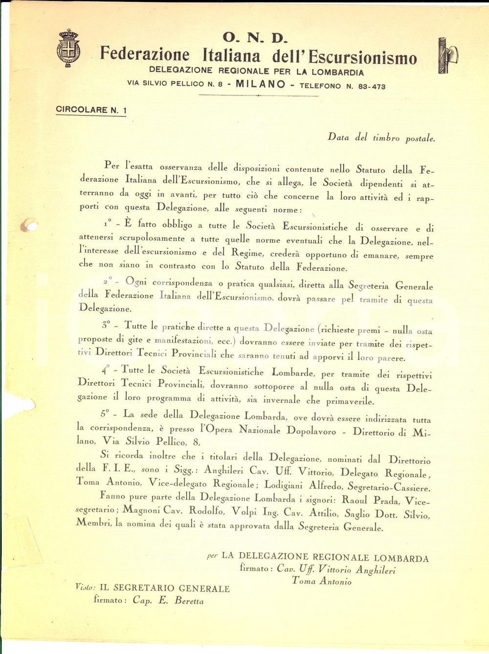 Documento originale, autentico 1930 ca OND MILANO Federazione Italiana ESCURSIONISMO Circolare con statuto 1