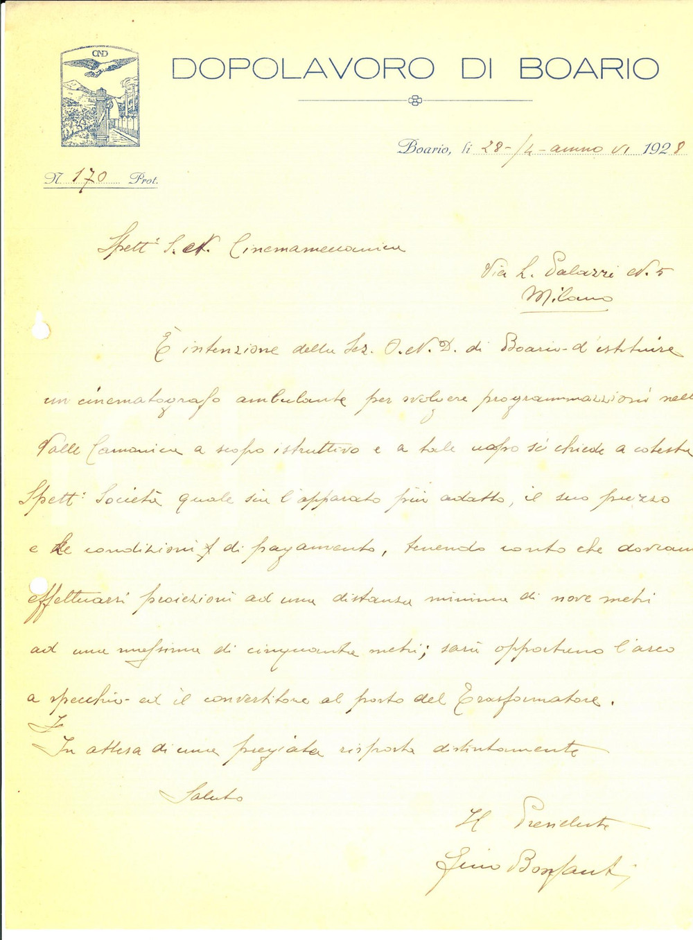 Documento originale, autentico 1928 OND BOARIO Lettera presidente Gino BONFANTI per cinematografo ambulante 1