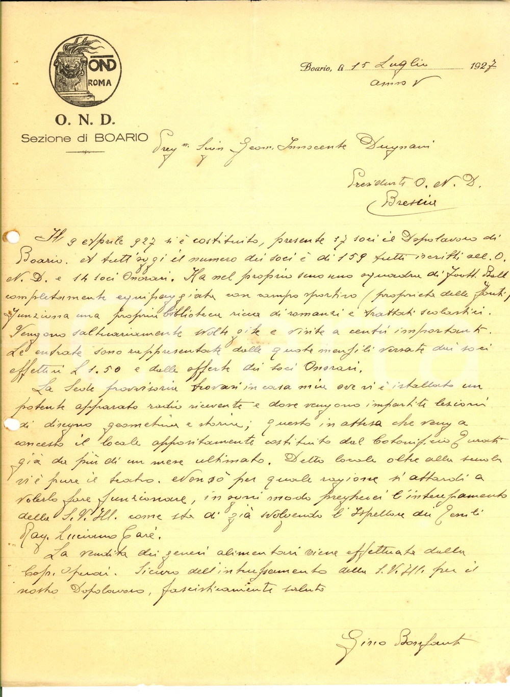 Documento originale, autentico 1927 OND BOARIO Lettera presidente Gino BONFANTI su dotazioni della sede 1
