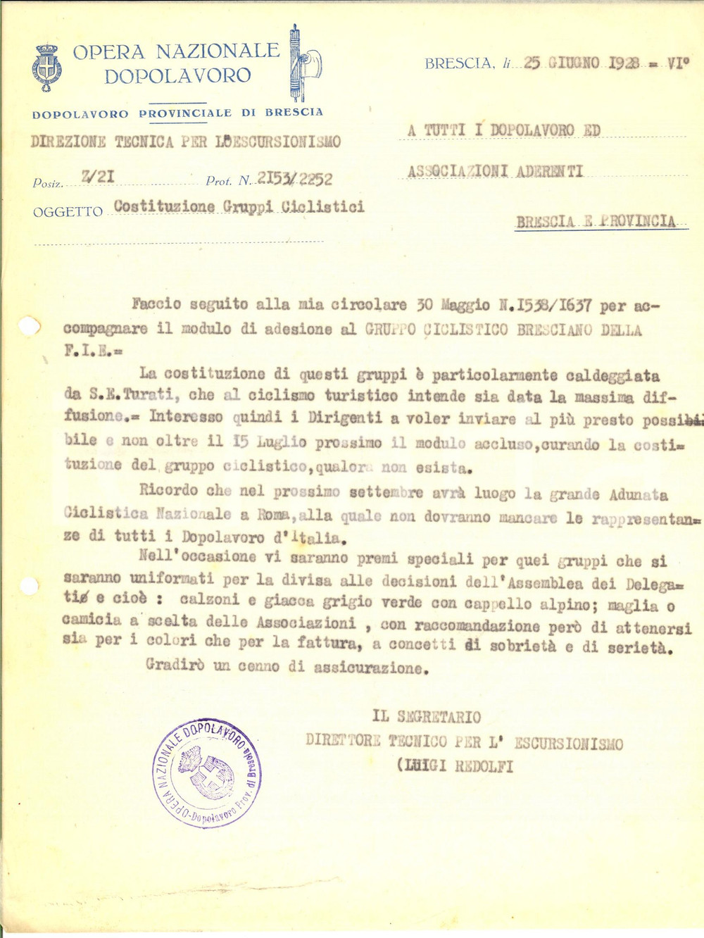 Documento originale, autentico 1928 OND BOARIO Lettera pro nascita di un gruppo di ciclismo turistico 1