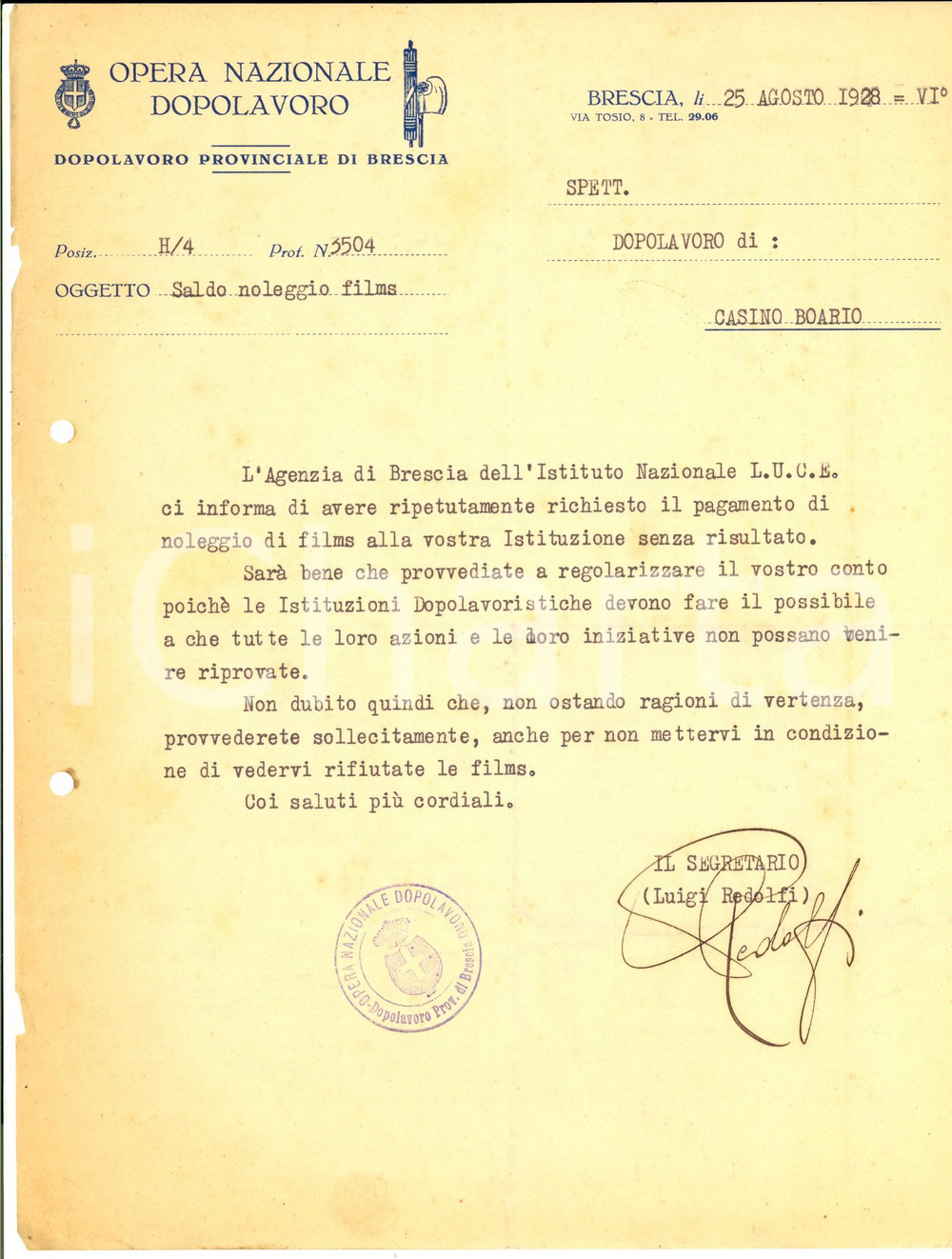 Documento originale, autentico 1928 OND BRESCIA Lettera segretario Luigi RIDOLFI per saldo noleggio dei film 1