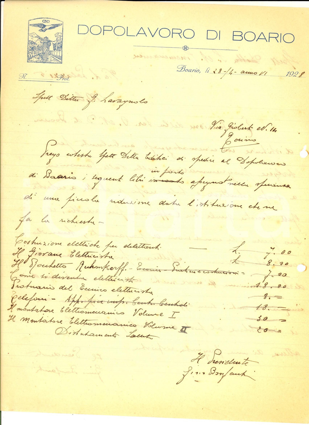 Documento originale, autentico 1928 OND BOARIO Ordine presidente Gino BONFANTI per libri destinati ai soci 1