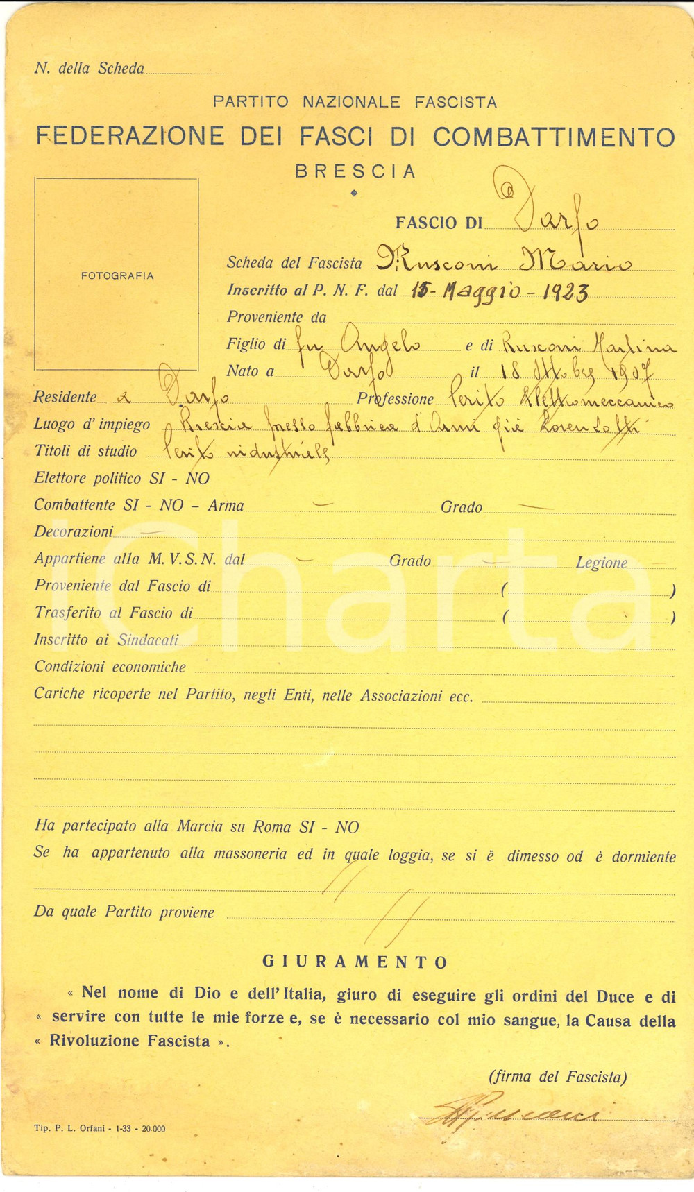 Documento originale, autentico 1933 PNF DARFO BOARIO TERME Scheda del fascista Mario RUSCONI 20x32 cm 1
