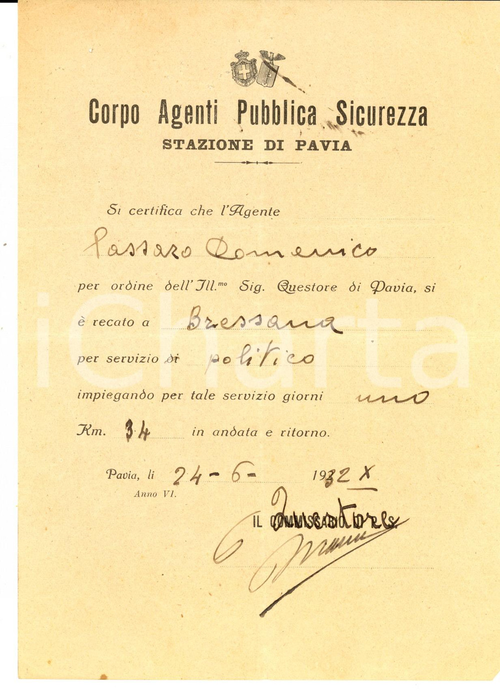 Documento originale, autentico 1932 PAVIA Corpo Agenti Pubblica Sicurezza  Domenico PASSARO servizio politico 1
