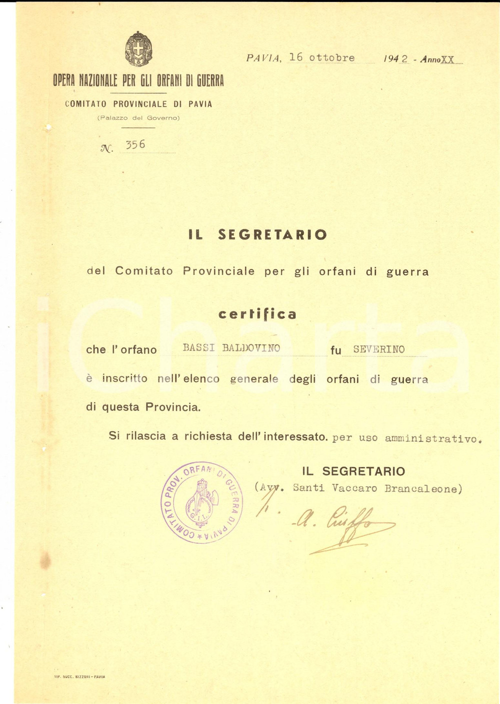 Documento originale, autentico 1942 ONOG PAVIA Certificato orfano di guerra Baldovino BASSI fu Severino 1
