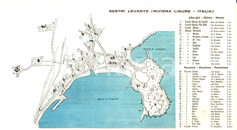 Materiale pubblicitario d’epoca 1950 ca SESTRI LEVANTE GE Mappa turistica con alberghi e pensioni 35x20 cm 1