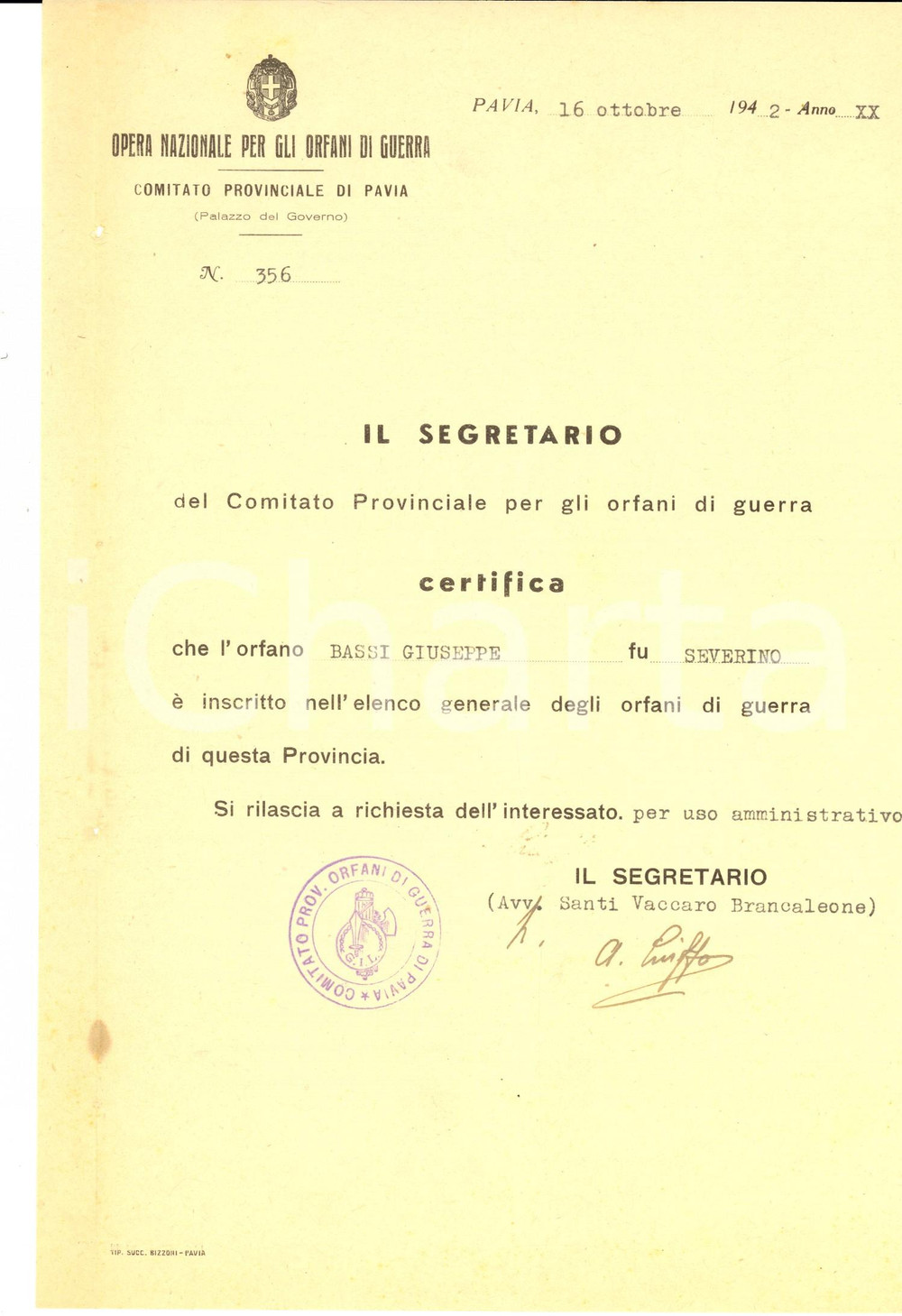 Documento originale, autentico 1942 ONOG PAVIA Certificato orfano di guerra Giuseppe BASSI fu Severino 1