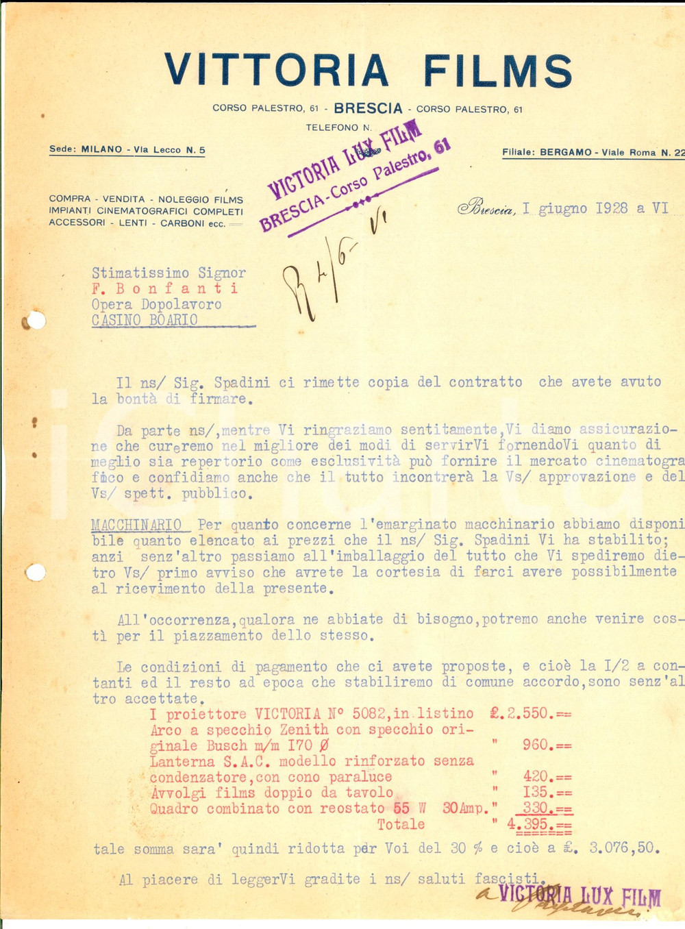 Documento originale, autentico 1928 BRESCIA VITTORIA FILMS  VICTORIA LUX Lettera per fornitura proiettore 1