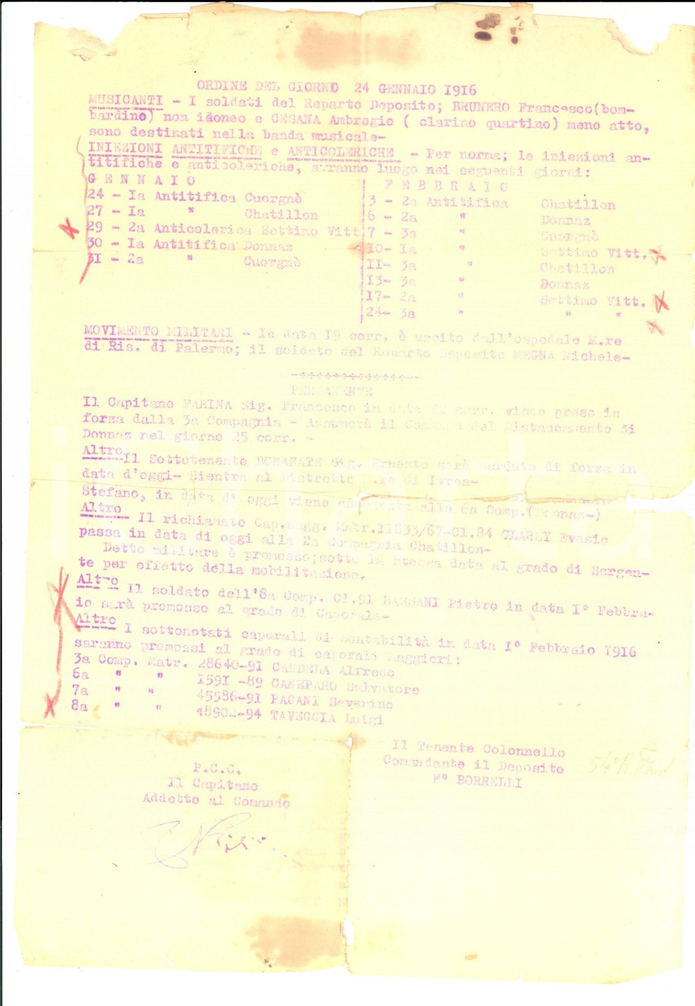 Documento originale, autentico 1916 WW1 ZONA DI GUERRA Ordine del giorno  Musicanti e iniezioni antitifiche 1