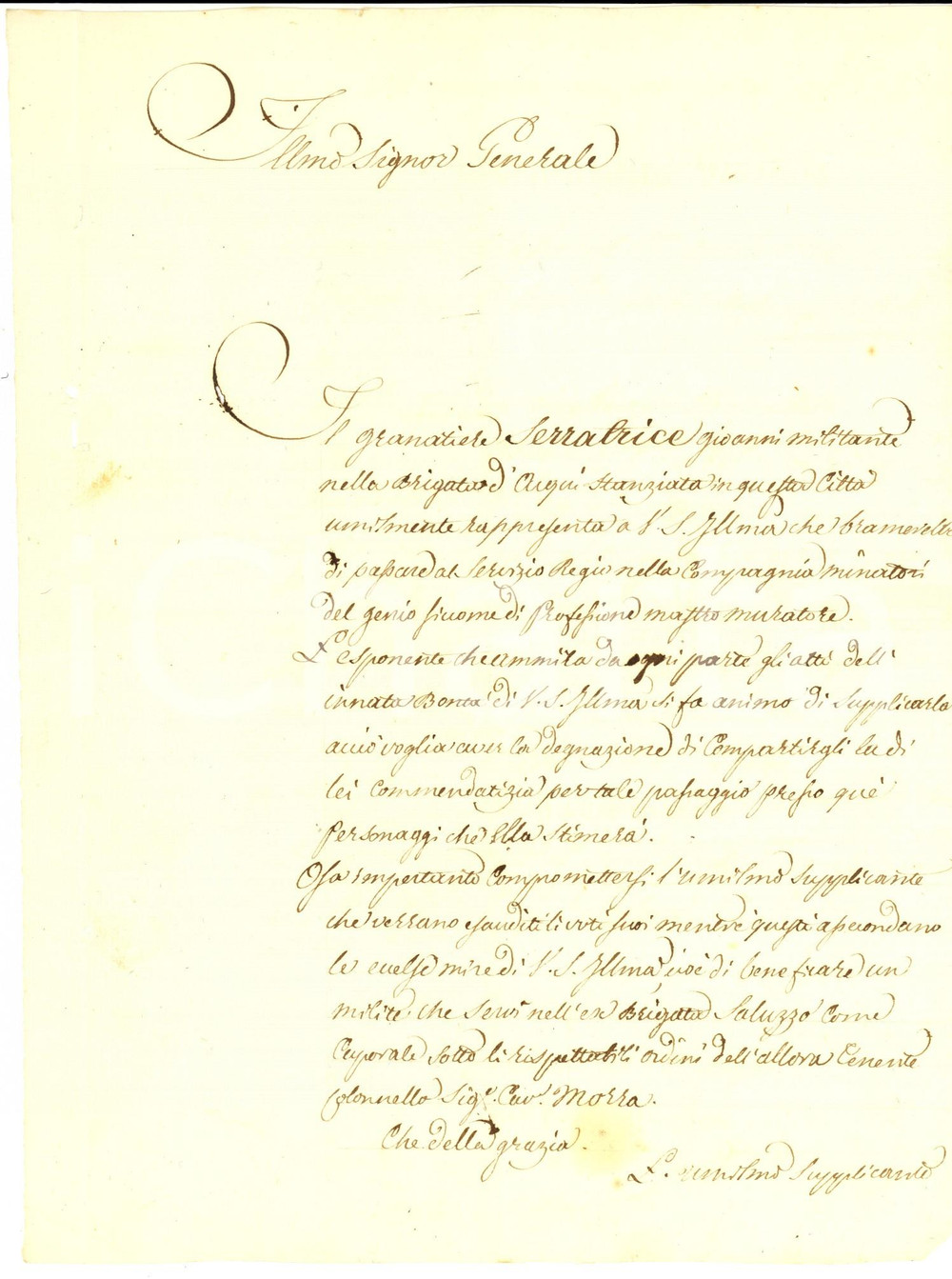 Documento originale, autentico 1820 ca TORINO Supplica Giovanni SERRATRICE per passare al GENIO MINATORI 1