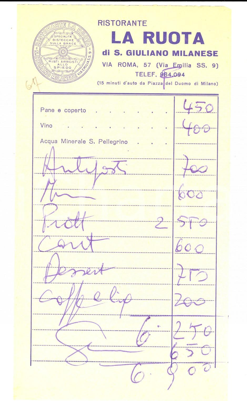 Materiale pubblicitario d’epoca 1960 ca SAN GIULIANO MILANESE Ristorante LA RUOTA  Ricevuta manoscritta 1