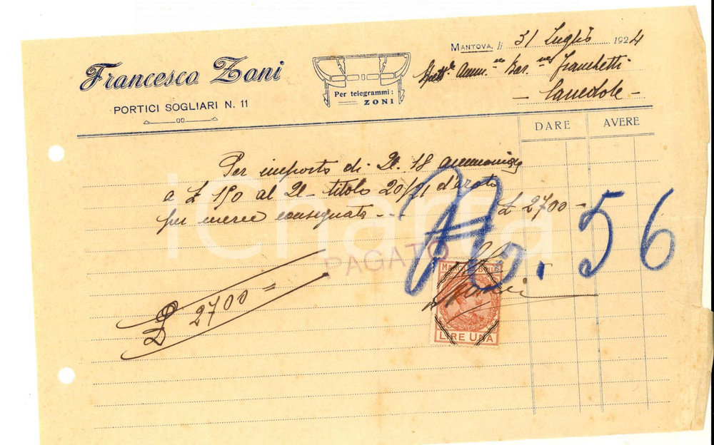 Documento originale, autentico 1924 MANTOVA Drogheria Francesco ZANI Fattura intestata per ammoniaca 1