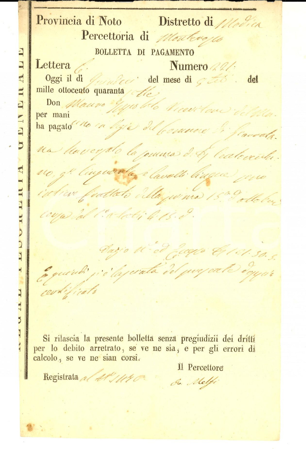 Documento originale, autentico 1847 MONTEROSSO ALMO RG Bolletta di pagamento di don Mauro IPPOLITO per dazio 1