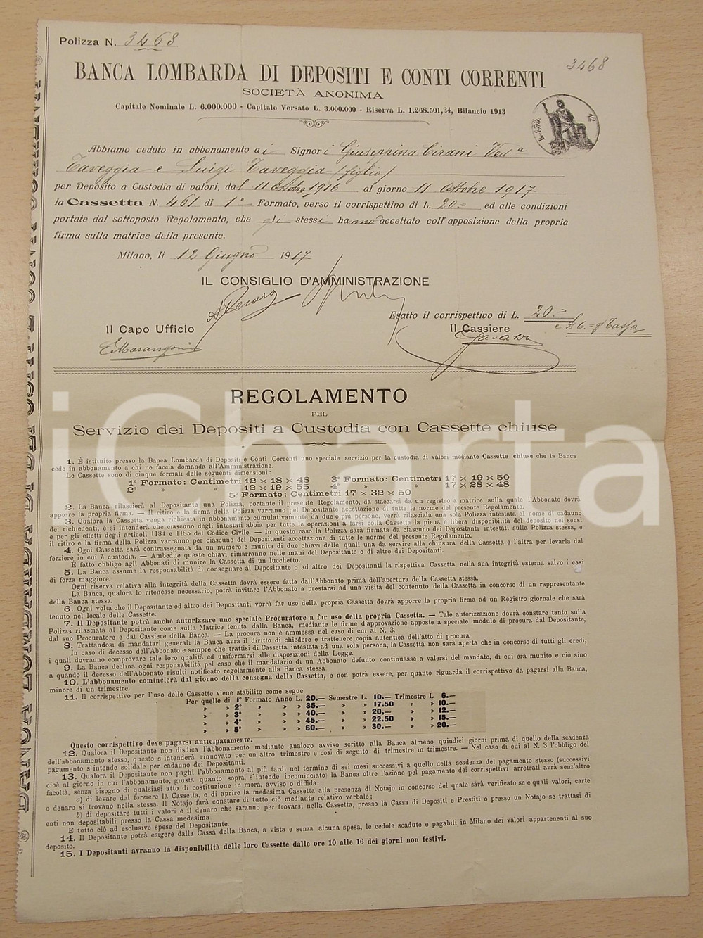 Oggetto da collezione cartaceo 1917 BANCA LOMBARDA DI DEPOSITI Abbonamento a cassetta valori Giuseppina CIRANI 1