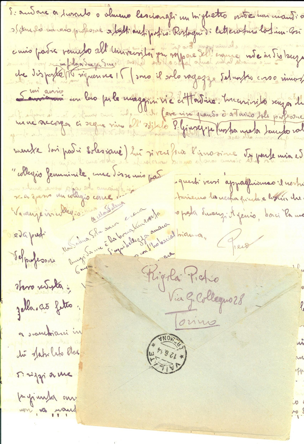 Autografo originale 1944 WW2 TORINO Pietro RIGOLA  Morti e rovine per le bombe inglesi Autografo 1