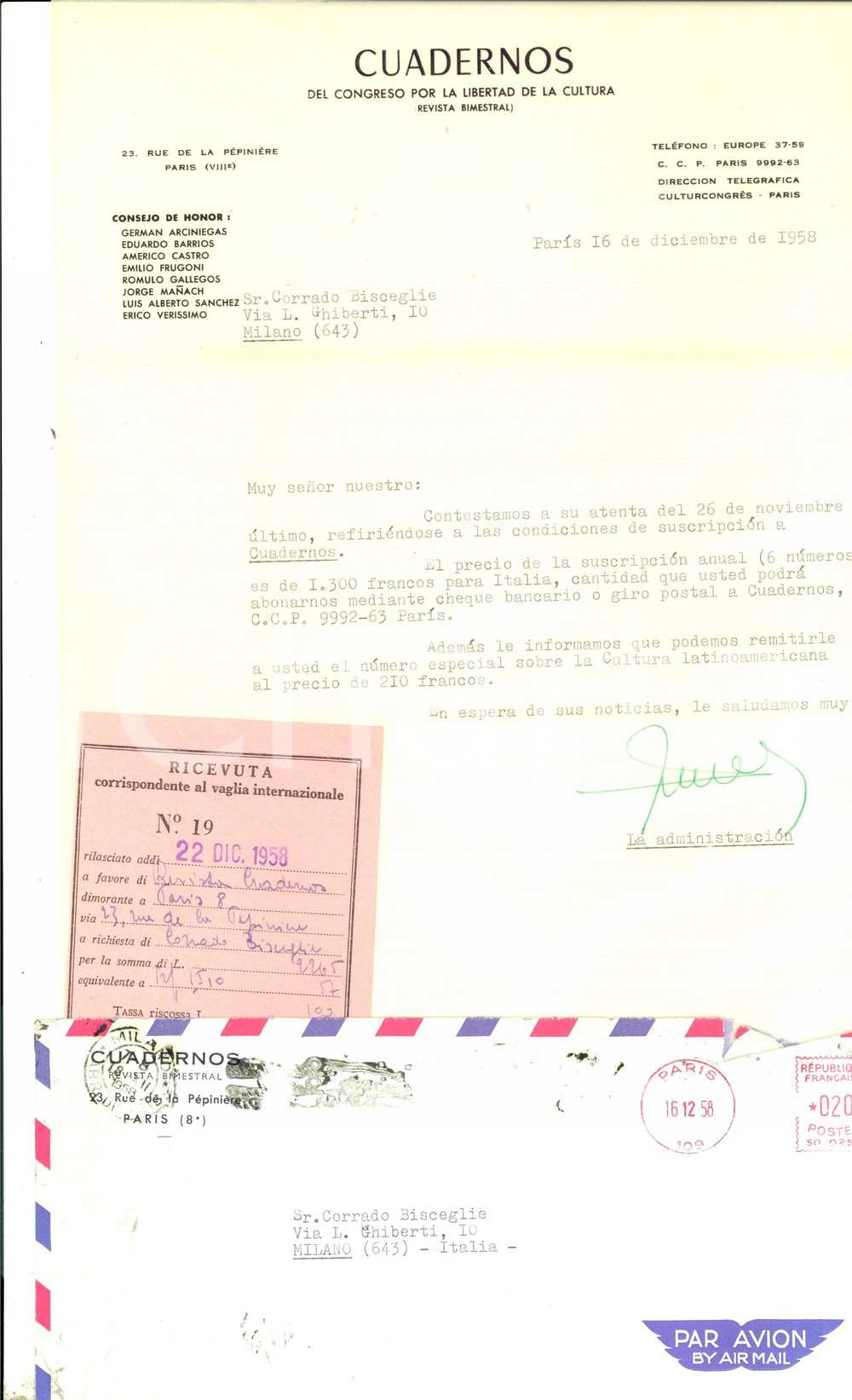 Manoscritto, lettera originale 1958 PARIS Cuadernos del Congreso por Libertad de la Cultura Lettera commerciale 1