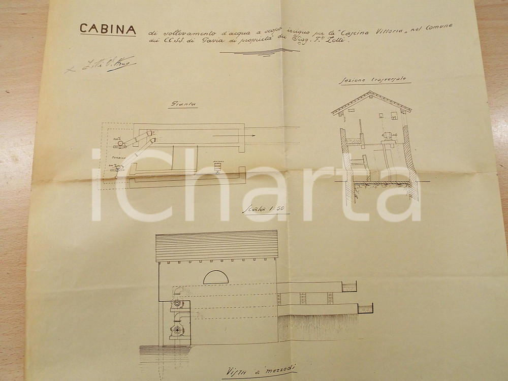 Mappa, planimetria storica 1930 ca PAVIA Cascina VITTORIA Famiglia LETTI Progetto cabina irrigazione 45x40 1