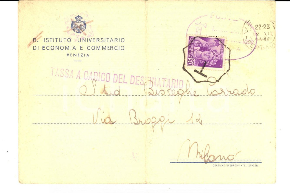 Cartolina originale da collezione 1944 STORIA POSTALE RSI VENEZIA Cartolina ECONOMIA E COMMERCIO 50 cent. 1