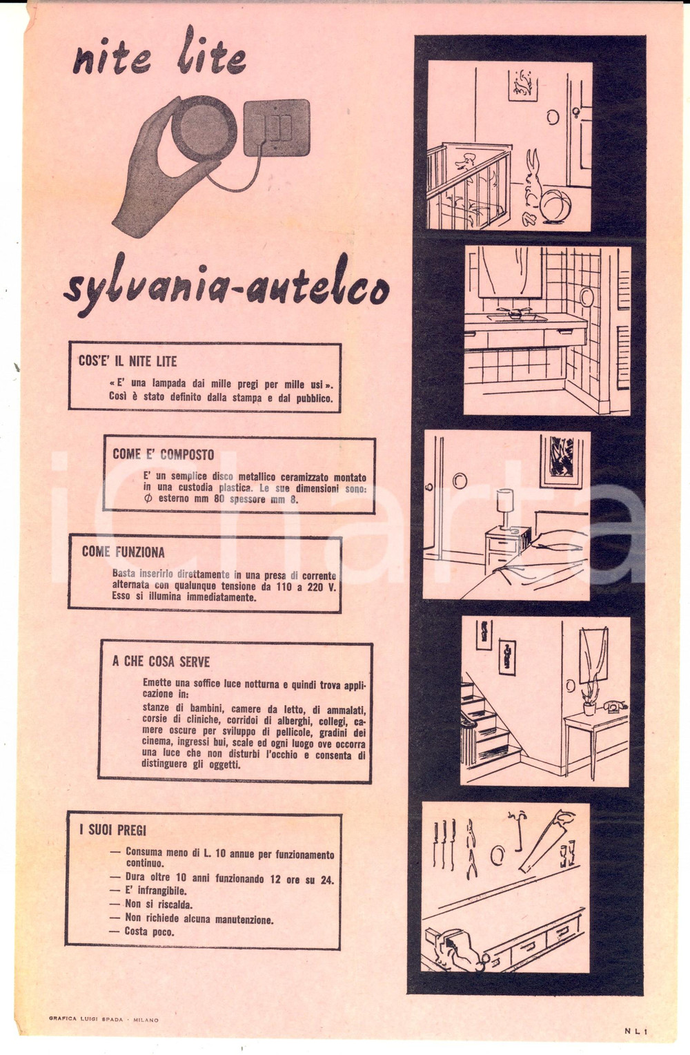 Materiale pubblicitario d’epoca 1950 ca MILANO Ditta SYLVANIAAUTELCO  NITE LITE Volantino pubblicitario 1