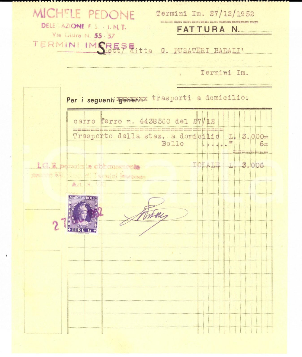 Documento originale, autentico 1952 TERMINI IMERESE PA Lettera di vettura Michele PEDONE Delegazione FS 1