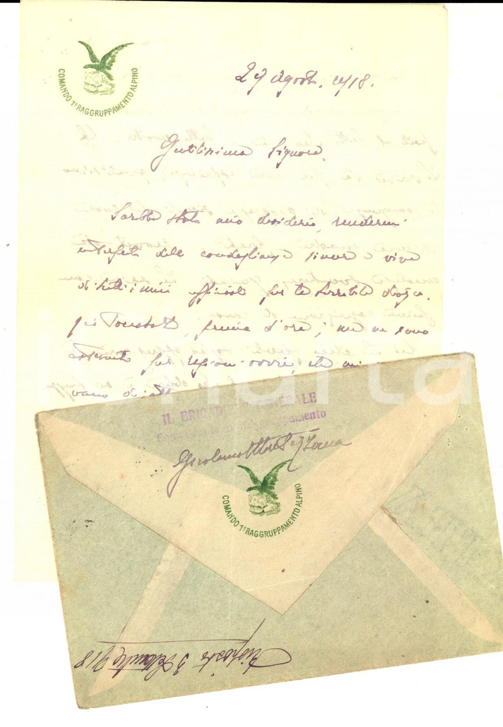 Autografo originale 1918 WW1 Comando 1Â° Raggruppamento ALPINO Lettera gen. Girolamo Ettore PEZZANA 1