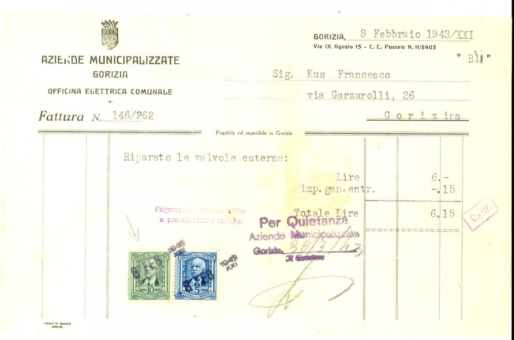 Documento originale, autentico 1943 GORIZIA Aziende Municipalizzate  Fattura per riparazione valvole 1