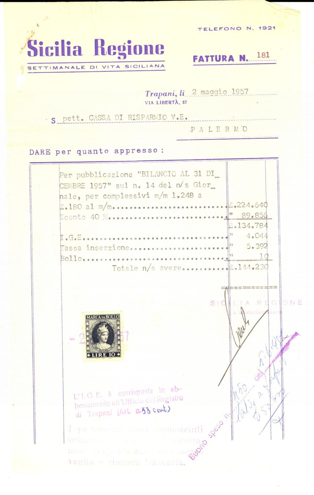 Documento originale, autentico 1957 TRAPANI Settimanale SICILIA REGIONE Fattura per pubblicazione annuncio 1