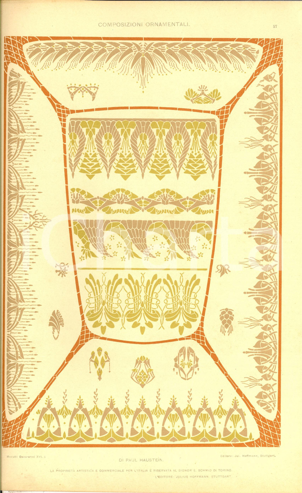 Stampa, bozzetto originale 1910 ca Paul HAUSTEIN Composizioni ornamentali Tavola da MODELLI DECORATIVI 1