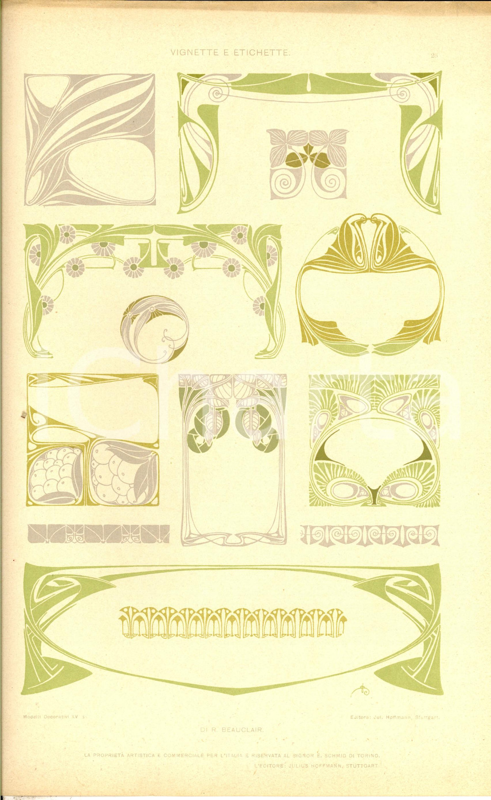 Stampa, bozzetto originale 1910 ca R. BEAUCLAIR Vignette e etichette Tavola 35x25 da MODELLI DECORATIVI 1