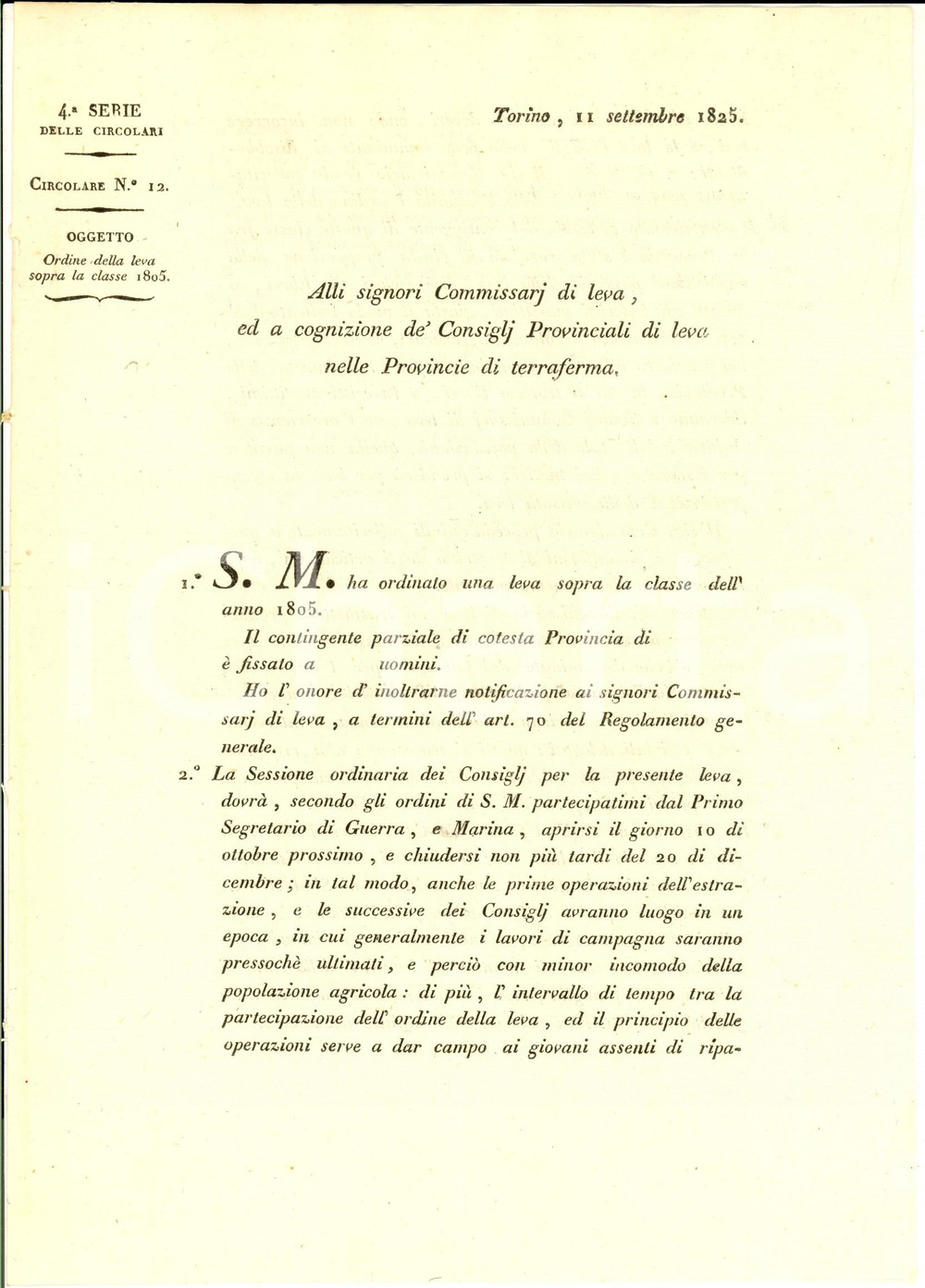 Documento originale, autentico 1825 TORINO Ordine della leva sopra la classe 1805 Lettera circolare 1