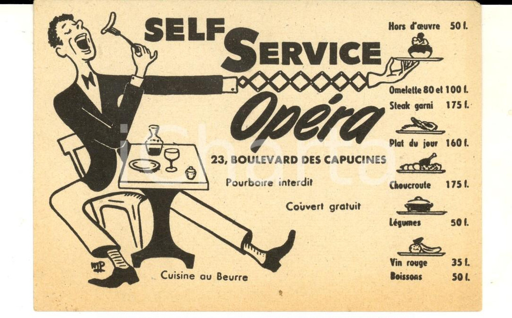 Oggetto da collezione cartaceo 1950 ca PARIS bd des CAPUCINES Self service OPERA Cartoncino pubblicitario 1
