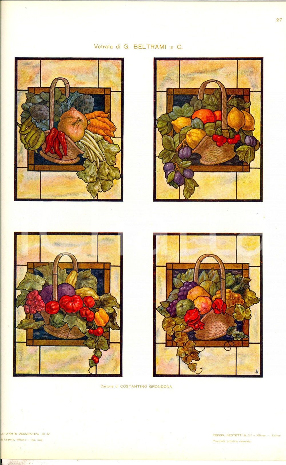 Stampa, bozzetto originale 1910 ca ARTE DECORATIVA Vetrata G. BELTRAMI  Cartone GRONDONA Tavola 25x35 1