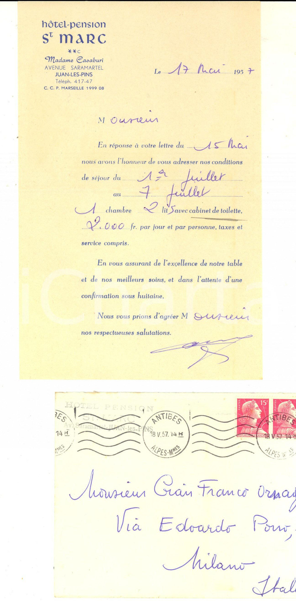 Manoscritto, lettera originale 1957 JUANLESPINS Hotelpension SAINT MARC Mme CASABURI  Lettera prenotazione 1