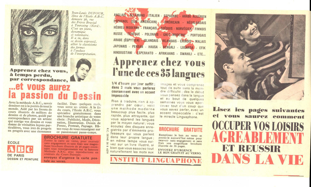 Materiale pubblicitario d’epoca 1950 PARIS Institut LINGUAPHONE  Ecole ABC Dessin Brochure publicitaire 1