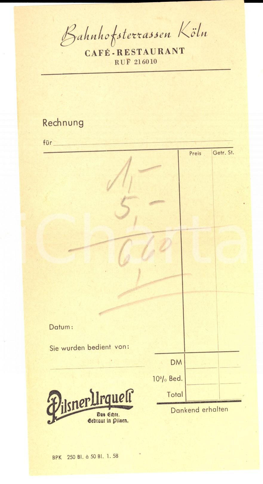 Materiale pubblicitario d’epoca 1958 KOLN / COLONIA Ricevuta BAHNHOFTERRASSEN Pubblicitaria 1