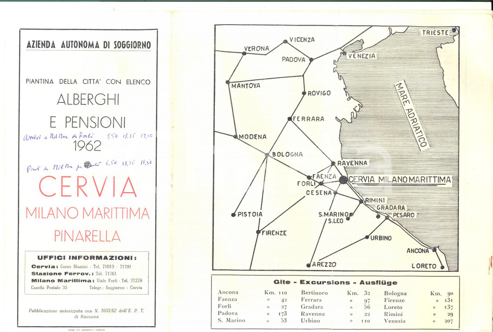 Materiale pubblicitario d’epoca 1962 CERVIA  MILANO MARITTIMA  PINARELLA Pieghevole con mappe 1
