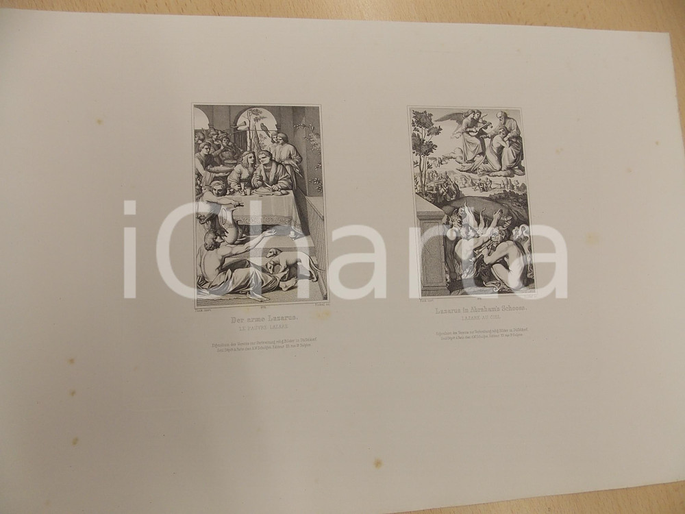 Stampa, bozzetto originale 1880 ca ARTE SACRA Lazarus in Abraham s Schooss Stampa PICKEL 28x37 cm 1