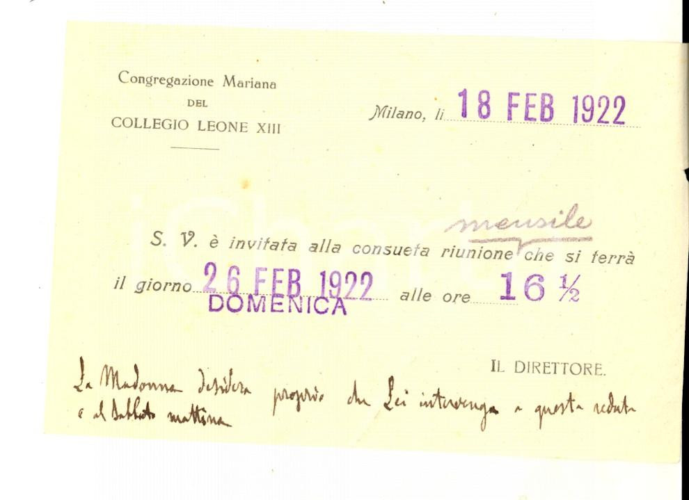 Documento originale, autentico 1922 MILANO Congregazione Mariana COLLEGIO LEONE XIII Invito a riunione 1