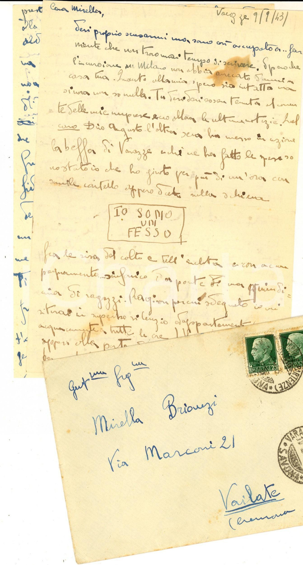 Documento originale, autentico 1943 VARAZZE WW2 Piero RIGOLA beffato con un cartello da fesso Lettera 1