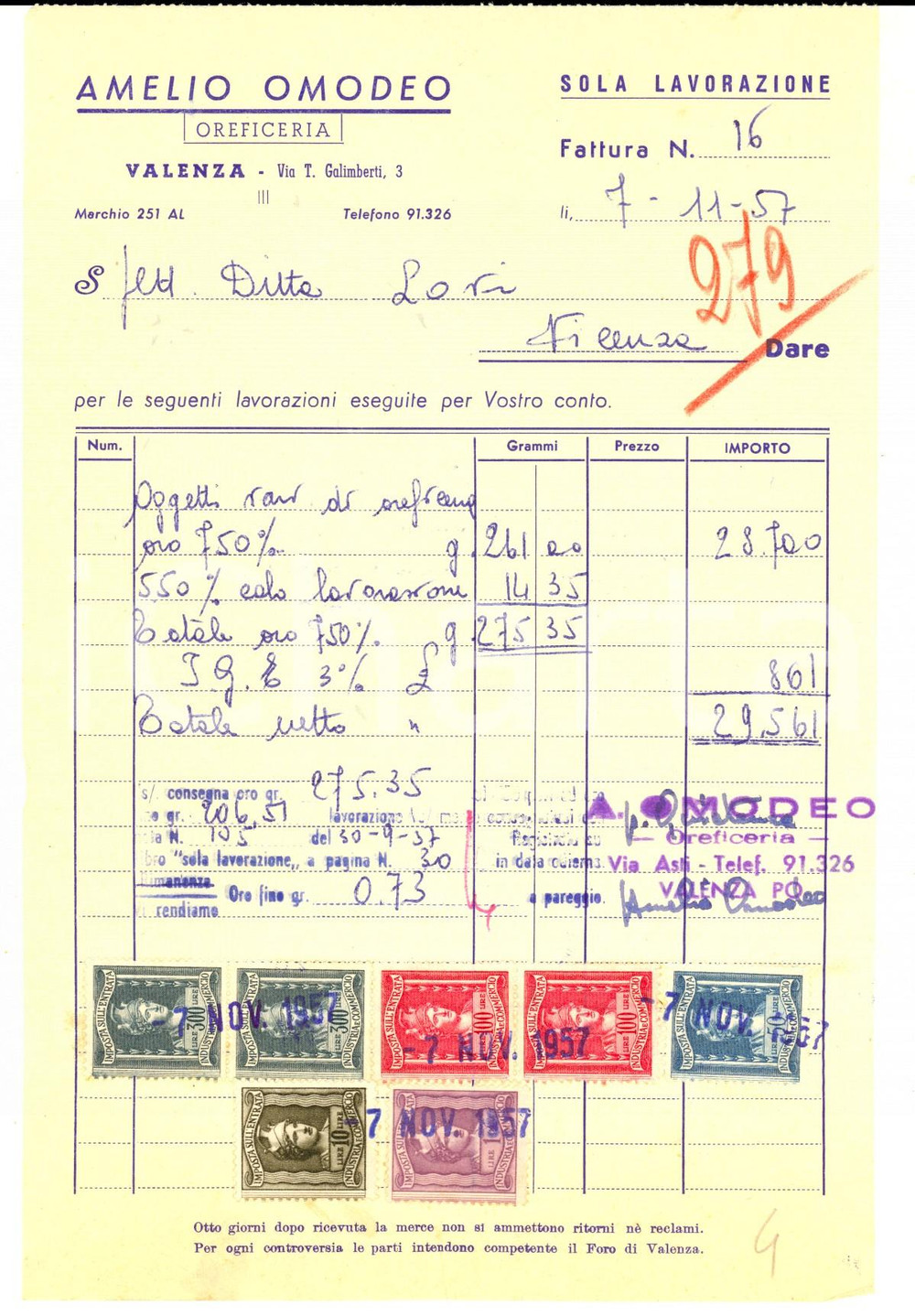 Documento originale, autentico 1957 VALENZA AL Oreficeria Amelio OMODEO Fattura intestata con bolli 1