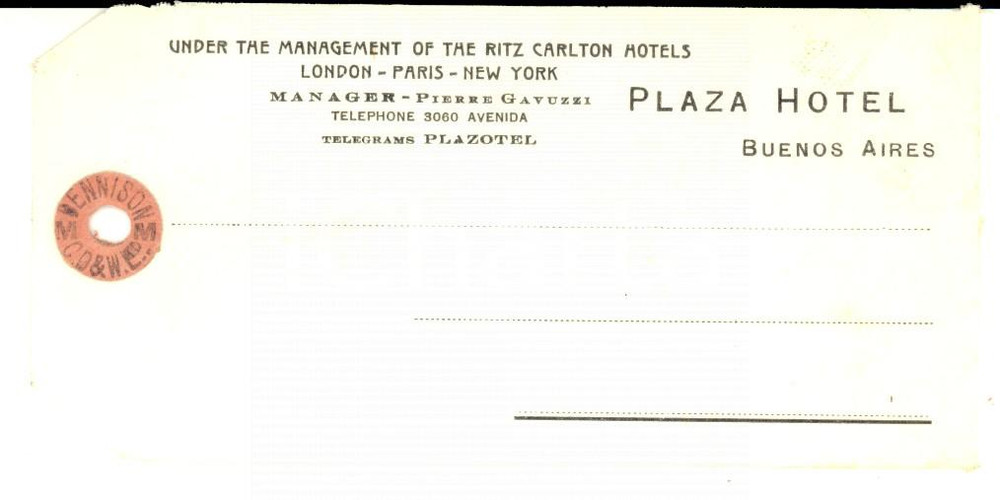 Materiale pubblicitario d’epoca 1940 ca BUENOS AIRES PLAZA Hotel  Etichetta per bagaglio non compilata 1